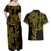 Filipino Sun Tribal Tattoo Couples Matching Off Shoulder Maxi Dress and Hawaiian Shirt Philippines Inspired Barong Simple Gold LT9 - Polynesian Pride