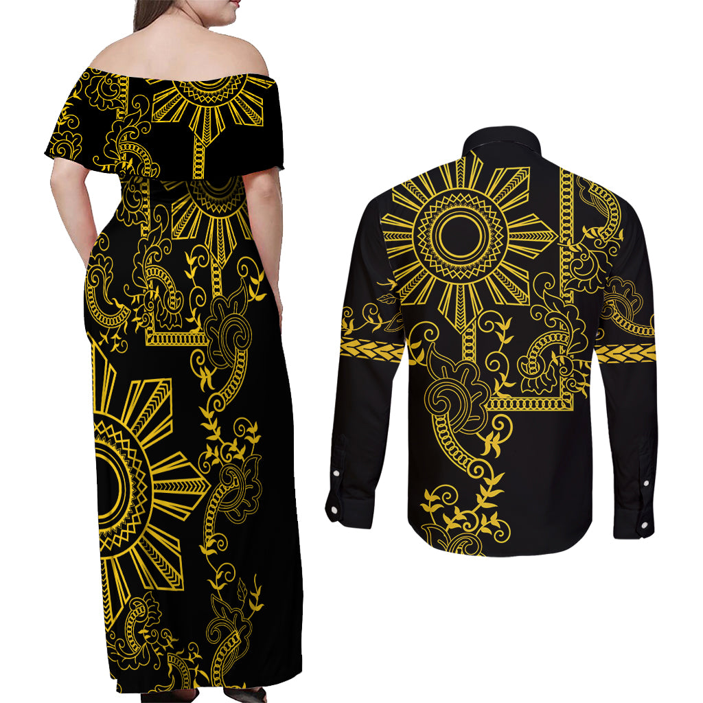 Filipino Sun Tribal Tattoo Couples Matching Off Shoulder Maxi Dress and Long Sleeve Button Shirt Philippines Inspired Barong Simple Gold LT9 - Polynesian Pride