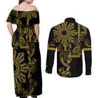 Filipino Sun Tribal Tattoo Couples Matching Off Shoulder Maxi Dress and Long Sleeve Button Shirt Philippines Inspired Barong Simple Gold LT9 - Polynesian Pride
