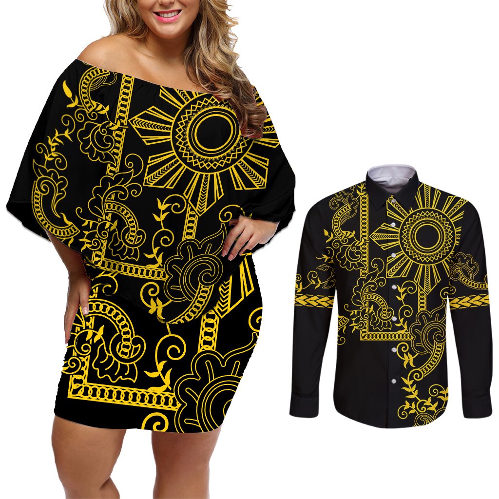 Filipino Sun Tribal Tattoo Couples Matching Off Shoulder Short Dress and Long Sleeve Button Shirt Philippines Inspired Barong Simple Gold LT9 Gold - Polynesian Pride