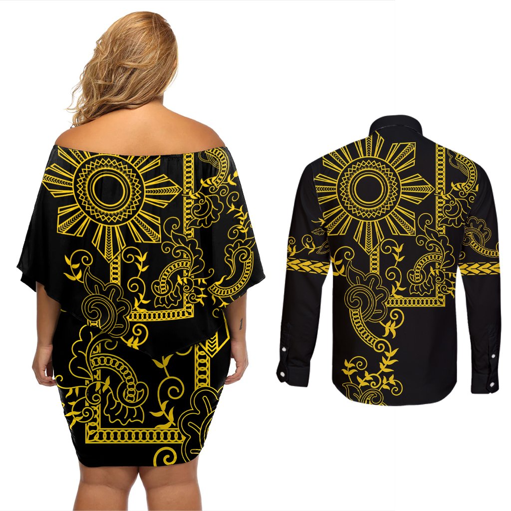 Filipino Sun Tribal Tattoo Couples Matching Off Shoulder Short Dress and Long Sleeve Button Shirt Philippines Inspired Barong Simple Gold LT9 - Polynesian Pride