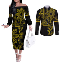 Filipino Sun Tribal Tattoo Couples Matching Off The Shoulder Long Sleeve Dress and Long Sleeve Button Shirt Philippines Inspired Barong Simple Gold LT9 Gold - Polynesian Pride