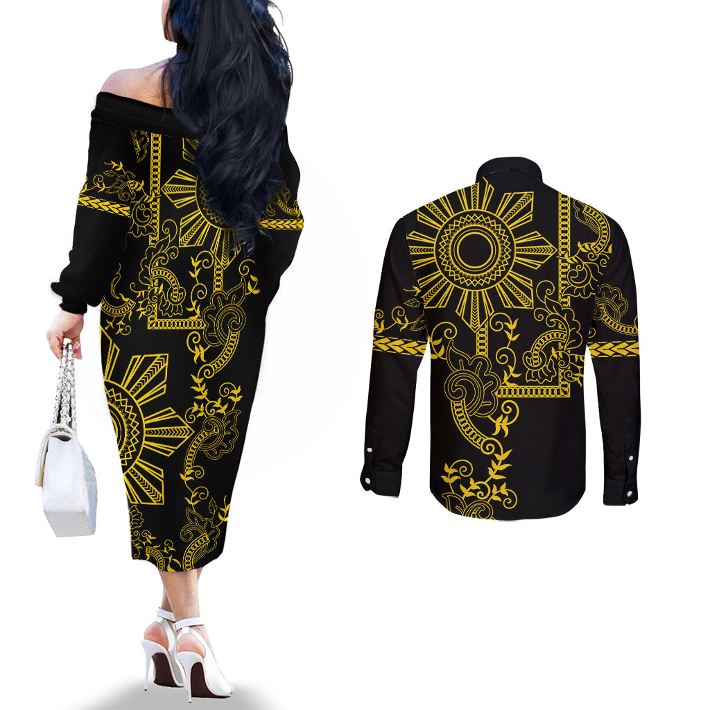 Filipino Sun Tribal Tattoo Couples Matching Off The Shoulder Long Sleeve Dress and Long Sleeve Button Shirt Philippines Inspired Barong Simple Gold LT9 - Polynesian Pride