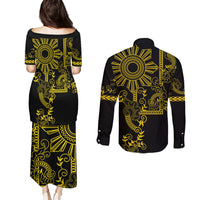 Filipino Sun Tribal Tattoo Couples Matching Puletasi and Long Sleeve Button Shirt Philippines Inspired Barong Simple Gold LT9 - Polynesian Pride