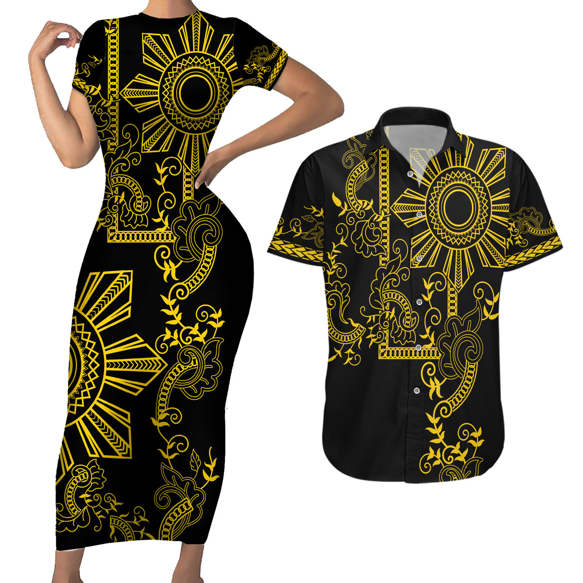 Filipino Sun Tribal Tattoo Couples Matching Short Sleeve Bodycon Dress and Hawaiian Shirt Philippines Inspired Barong Simple Gold LT9 Gold - Polynesian Pride