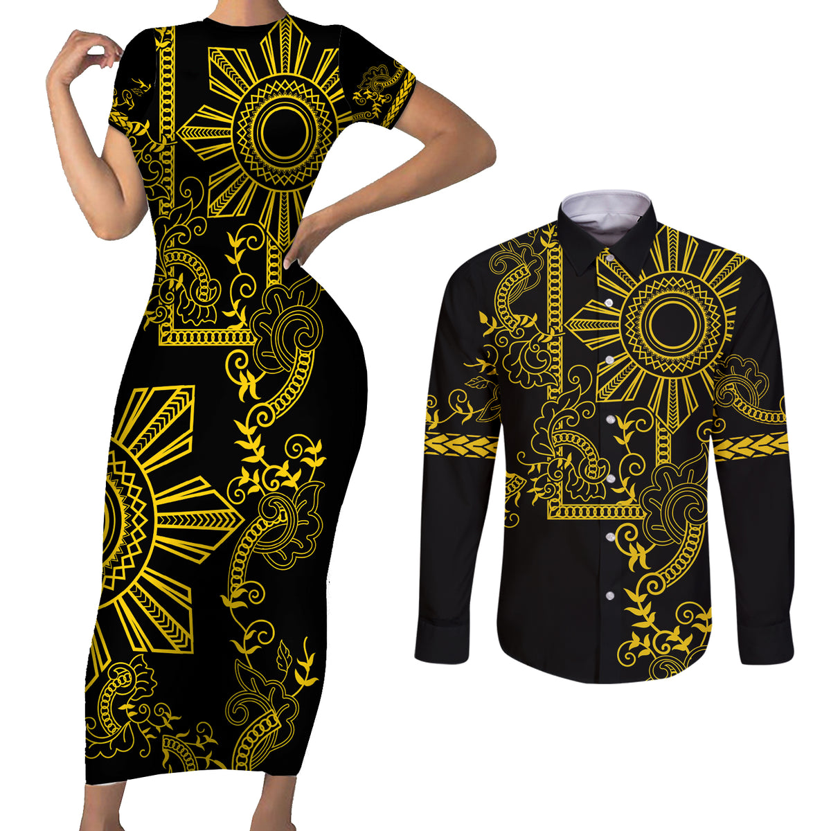 Filipino Sun Tribal Tattoo Couples Matching Short Sleeve Bodycon Dress and Long Sleeve Button Shirt Philippines Inspired Barong Simple Gold LT9 Gold - Polynesian Pride