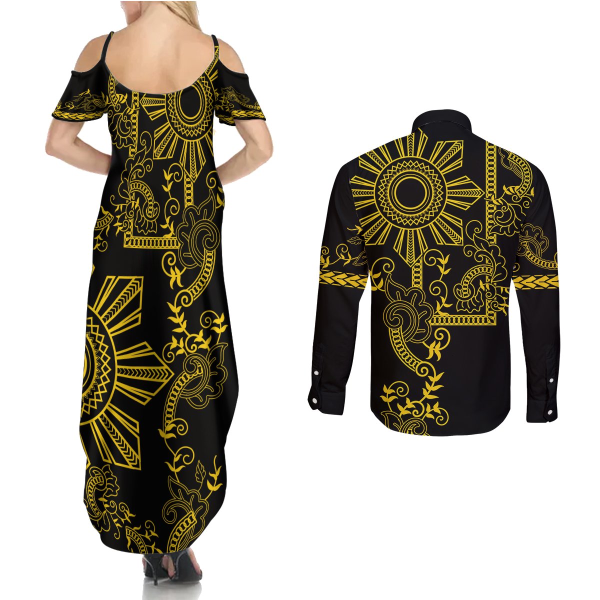 Filipino Sun Tribal Tattoo Couples Matching Summer Maxi Dress and Long Sleeve Button Shirt Philippines Inspired Barong Simple Gold LT9 - Polynesian Pride