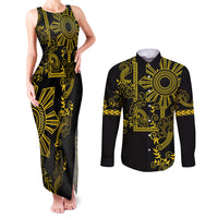 Filipino Sun Tribal Tattoo Couples Matching Tank Maxi Dress and Long Sleeve Button Shirt Philippines Inspired Barong Simple Gold LT9 Gold - Polynesian Pride