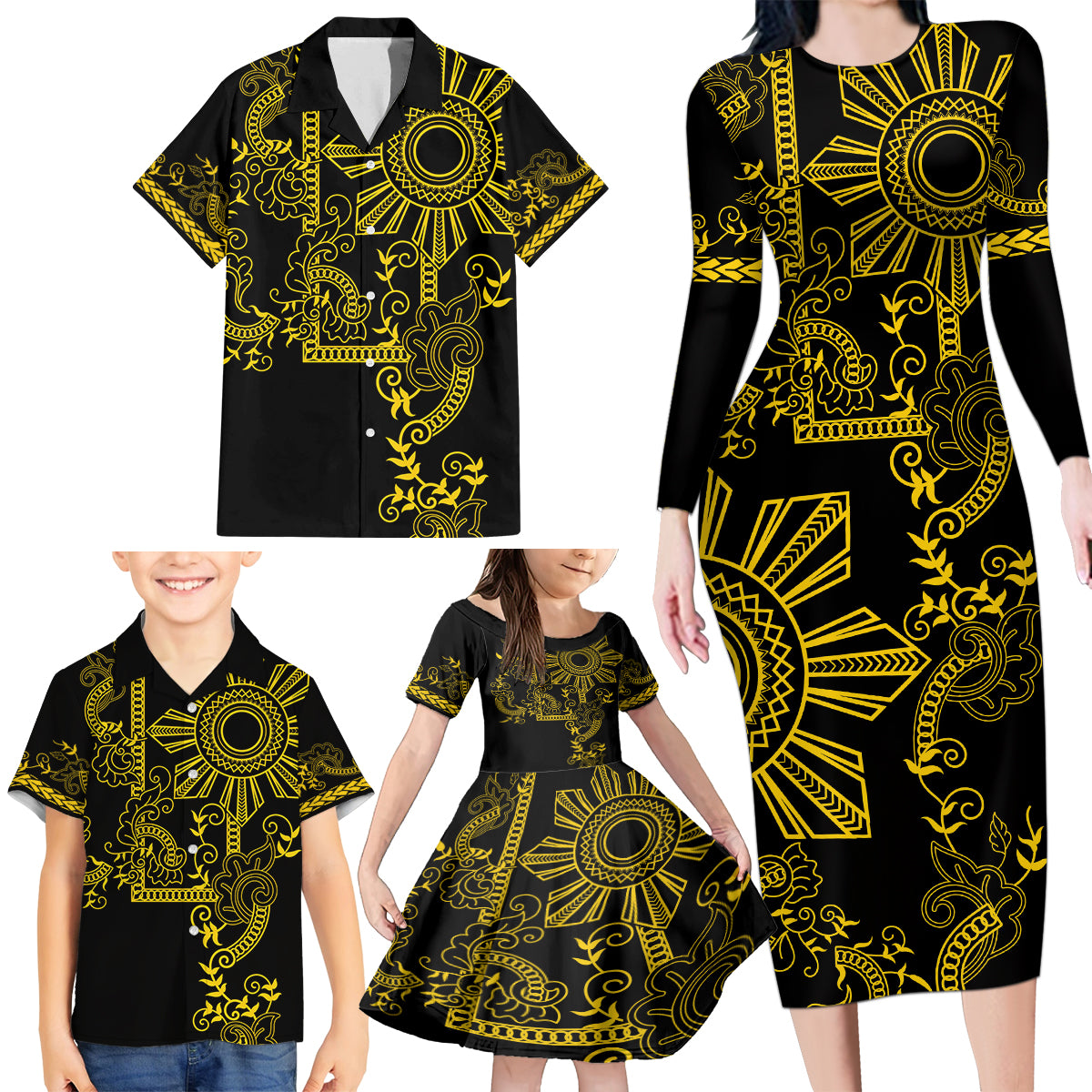 Filipino Sun Tribal Tattoo Family Matching Long Sleeve Bodycon Dress and Hawaiian Shirt Philippines Inspired Barong Simple Gold LT9 - Polynesian Pride