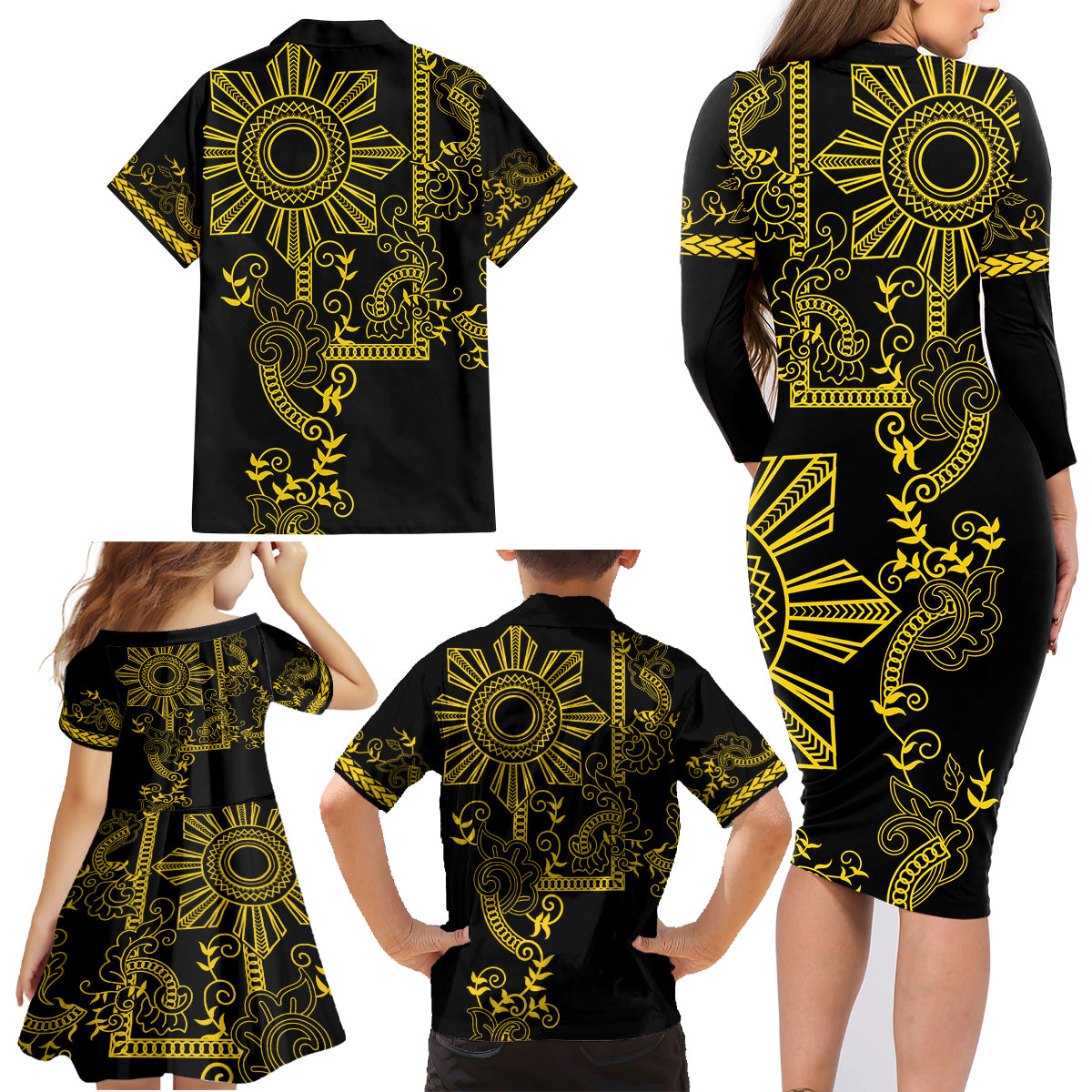 Filipino Sun Tribal Tattoo Family Matching Long Sleeve Bodycon Dress and Hawaiian Shirt Philippines Inspired Barong Simple Gold LT9 - Polynesian Pride