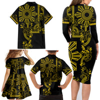 Filipino Sun Tribal Tattoo Family Matching Long Sleeve Bodycon Dress and Hawaiian Shirt Philippines Inspired Barong Simple Gold LT9 - Polynesian Pride