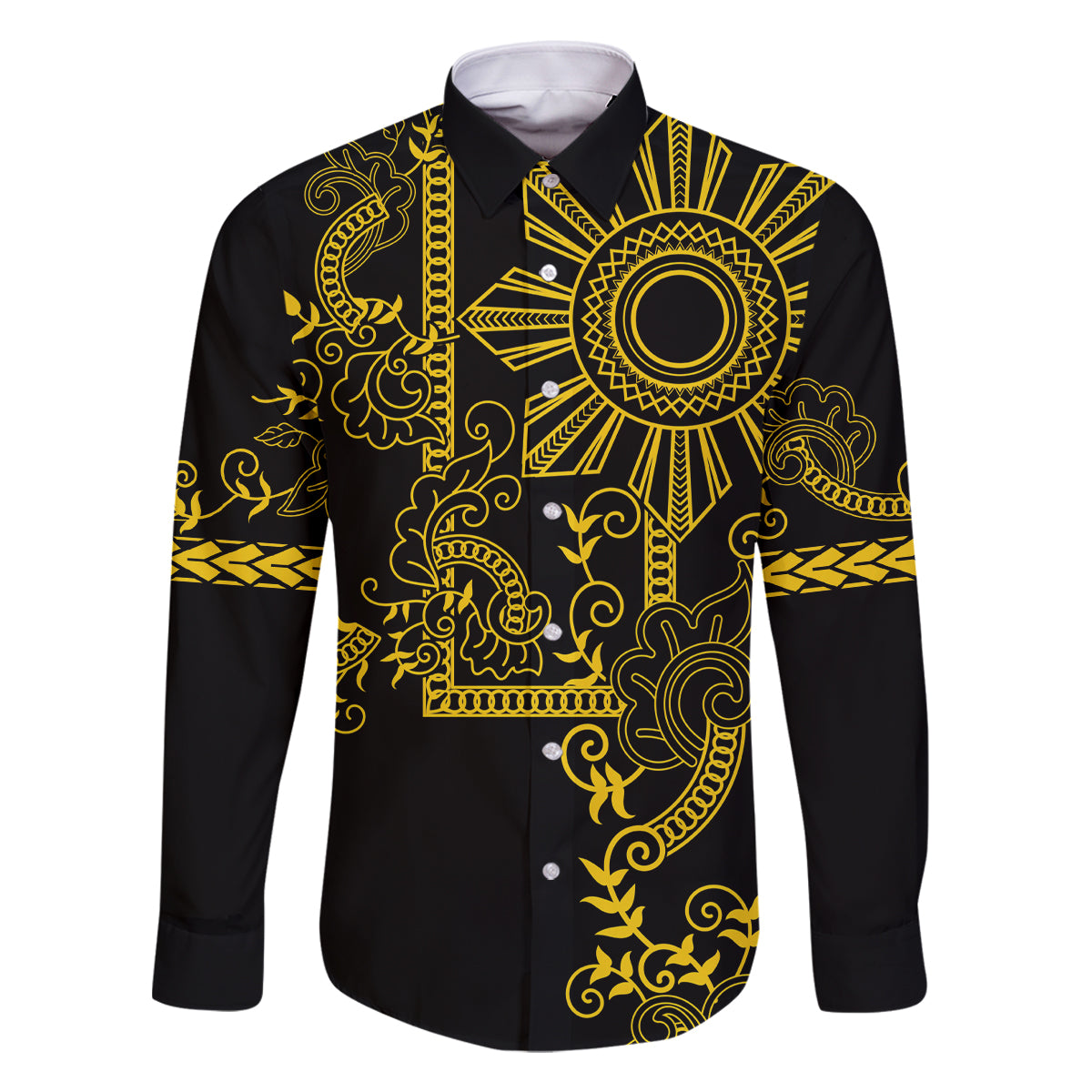 Filipino Sun Tribal Tattoo Family Matching Long Sleeve Bodycon Dress and Hawaiian Shirt Philippines Inspired Barong Simple Gold LT9 Dad's Shirt - Long Sleeve Gold - Polynesian Pride