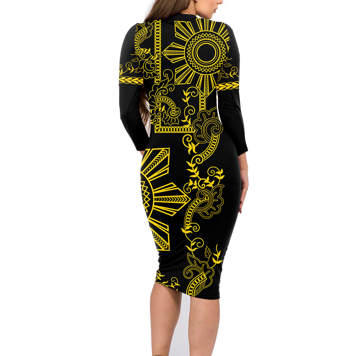 Filipino Sun Tribal Tattoo Family Matching Long Sleeve Bodycon Dress and Hawaiian Shirt Philippines Inspired Barong Simple Gold LT9 - Polynesian Pride