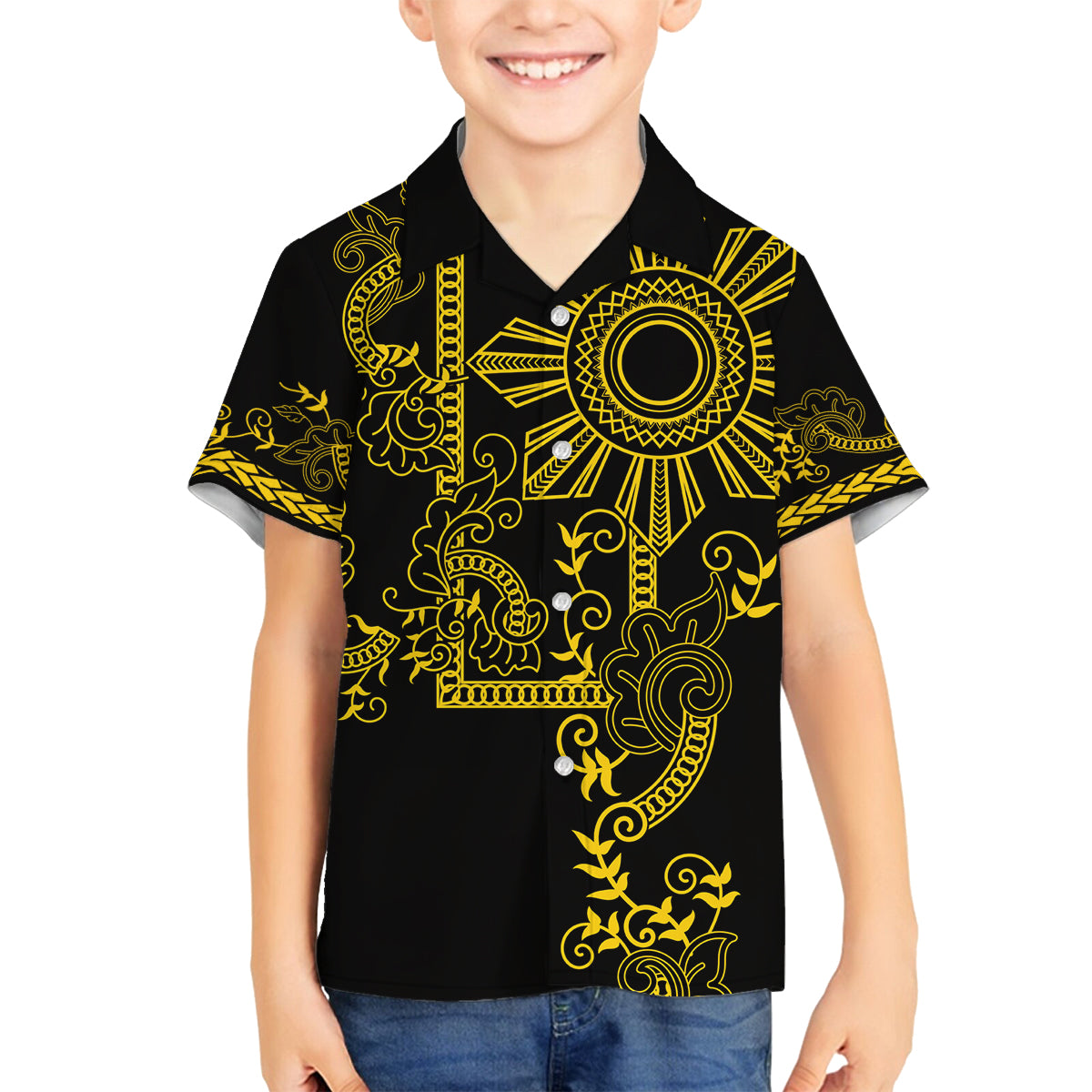 Filipino Sun Tribal Tattoo Family Matching Long Sleeve Bodycon Dress and Hawaiian Shirt Philippines Inspired Barong Simple Gold LT9 Son's Shirt Gold - Polynesian Pride
