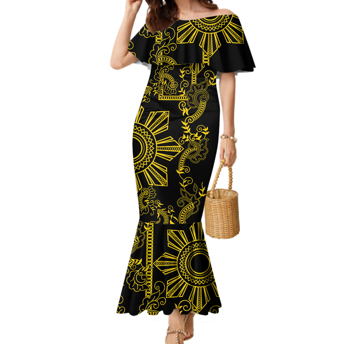 Filipino Sun Tribal Tattoo Family Matching Mermaid Dress and Hawaiian Shirt Philippines Inspired Barong Simple Gold LT9 Mom's Dress Gold - Polynesian Pride