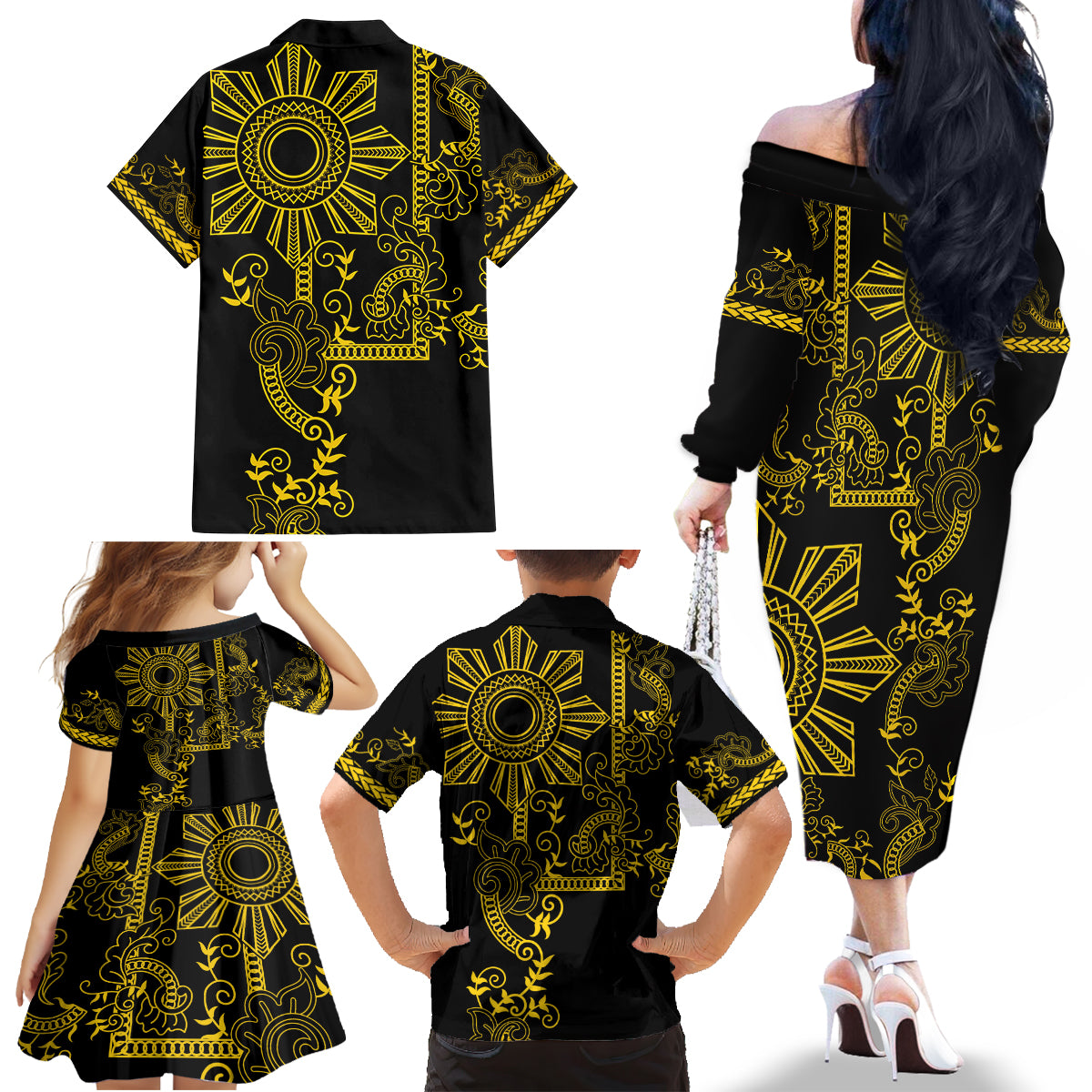 Filipino Sun Tribal Tattoo Family Matching Off The Shoulder Long Sleeve Dress and Hawaiian Shirt Philippines Inspired Barong Simple Gold LT9 - Polynesian Pride