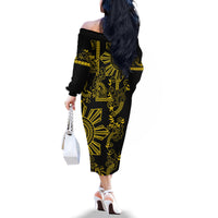 Filipino Sun Tribal Tattoo Family Matching Off The Shoulder Long Sleeve Dress and Hawaiian Shirt Philippines Inspired Barong Simple Gold LT9 - Polynesian Pride