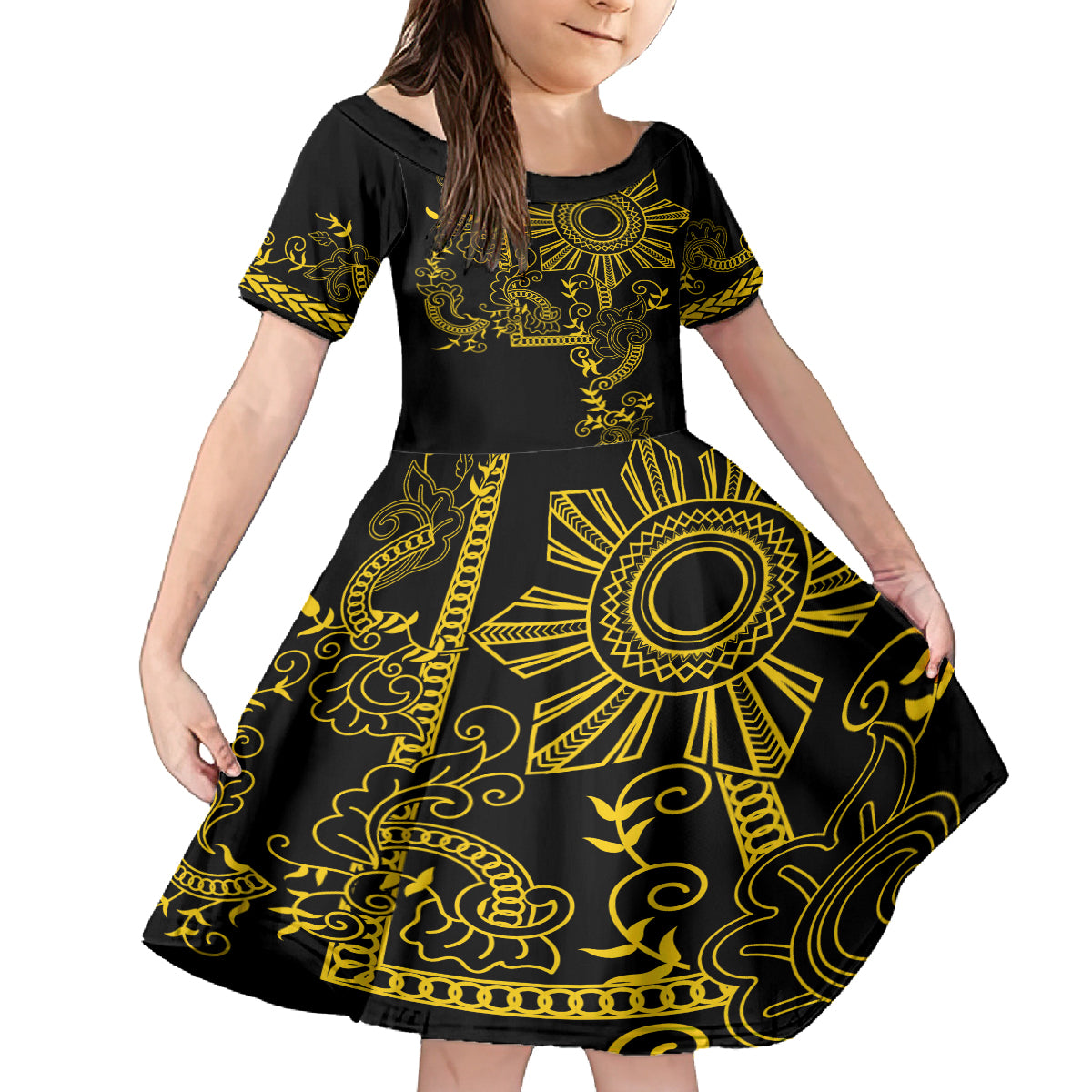 Filipino Sun Tribal Tattoo Family Matching Off Shoulder Maxi Dress and Hawaiian Shirt Philippines Inspired Barong Simple Gold LT9 Daughter's Dress Gold - Polynesian Pride
