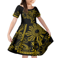 Filipino Sun Tribal Tattoo Family Matching Off Shoulder Maxi Dress and Hawaiian Shirt Philippines Inspired Barong Simple Gold LT9 Daughter's Dress Gold - Polynesian Pride