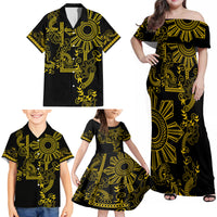 Filipino Sun Tribal Tattoo Family Matching Off Shoulder Maxi Dress and Hawaiian Shirt Philippines Inspired Barong Simple Gold LT9 - Polynesian Pride