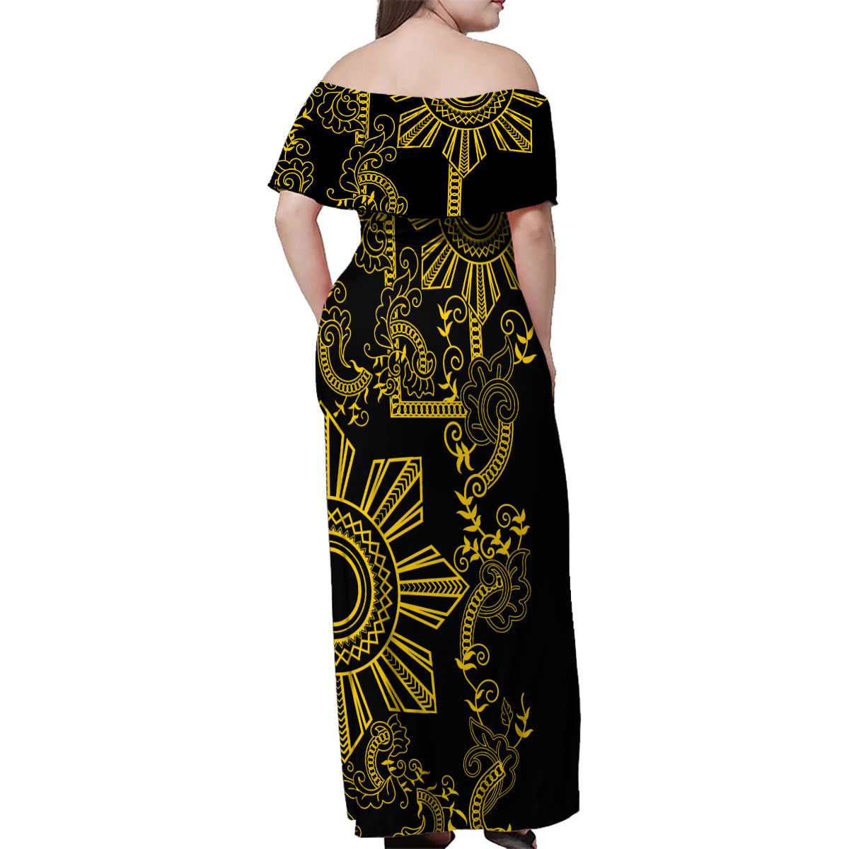 Filipino Sun Tribal Tattoo Family Matching Off Shoulder Maxi Dress and Hawaiian Shirt Philippines Inspired Barong Simple Gold LT9 - Polynesian Pride