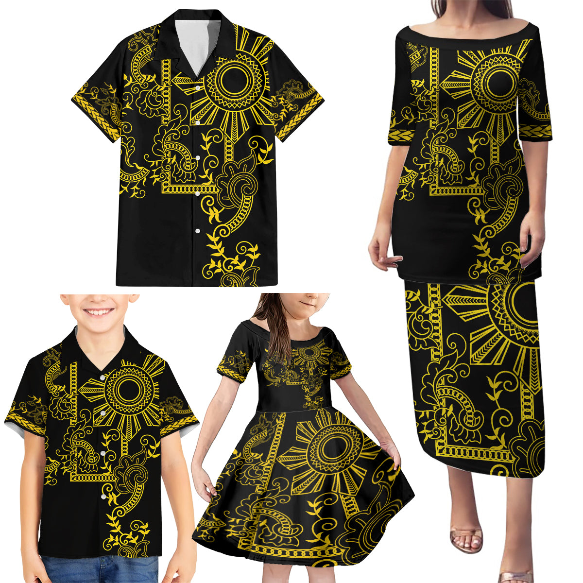 Filipino Sun Tribal Tattoo Family Matching Puletasi and Hawaiian Shirt Philippines Inspired Barong Simple Gold LT9 - Polynesian Pride