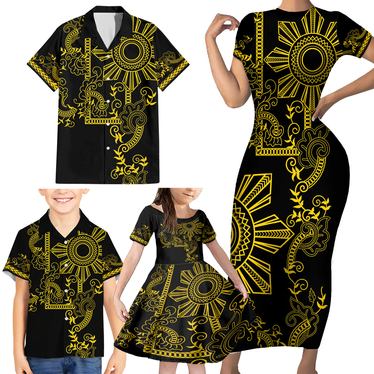 Filipino Sun Tribal Tattoo Family Matching Short Sleeve Bodycon Dress and Hawaiian Shirt Philippines Inspired Barong Simple Gold LT9 - Polynesian Pride