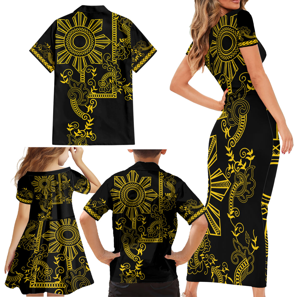 Filipino Sun Tribal Tattoo Family Matching Short Sleeve Bodycon Dress and Hawaiian Shirt Philippines Inspired Barong Simple Gold LT9 - Polynesian Pride