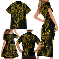 Filipino Sun Tribal Tattoo Family Matching Short Sleeve Bodycon Dress and Hawaiian Shirt Philippines Inspired Barong Simple Gold LT9 - Polynesian Pride