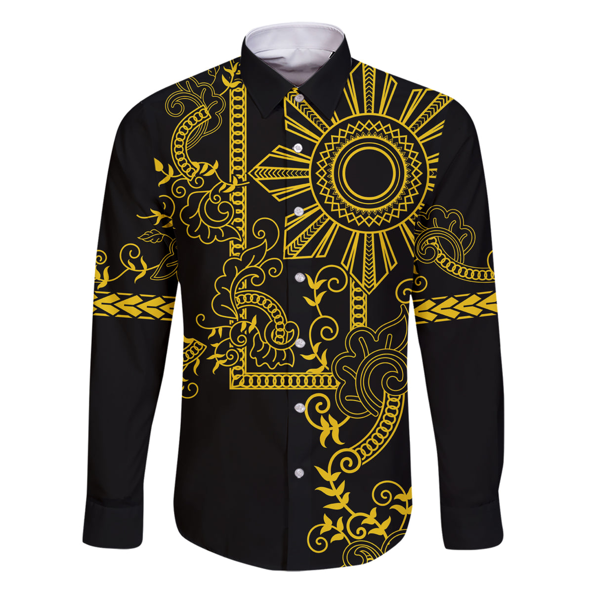 Filipino Sun Tribal Tattoo Family Matching Short Sleeve Bodycon Dress and Hawaiian Shirt Philippines Inspired Barong Simple Gold LT9 Dad's Shirt - Long Sleeve Gold - Polynesian Pride