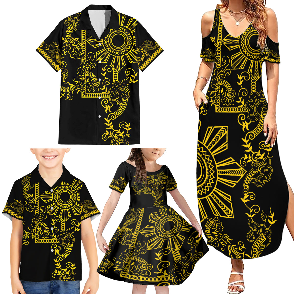 Filipino Sun Tribal Tattoo Family Matching Summer Maxi Dress and Hawaiian Shirt Philippines Inspired Barong Simple Gold LT9 - Polynesian Pride