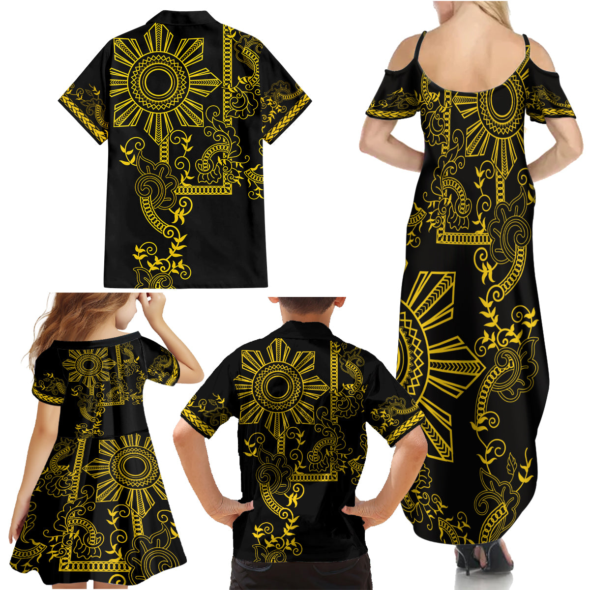 Filipino Sun Tribal Tattoo Family Matching Summer Maxi Dress and Hawaiian Shirt Philippines Inspired Barong Simple Gold LT9 - Polynesian Pride