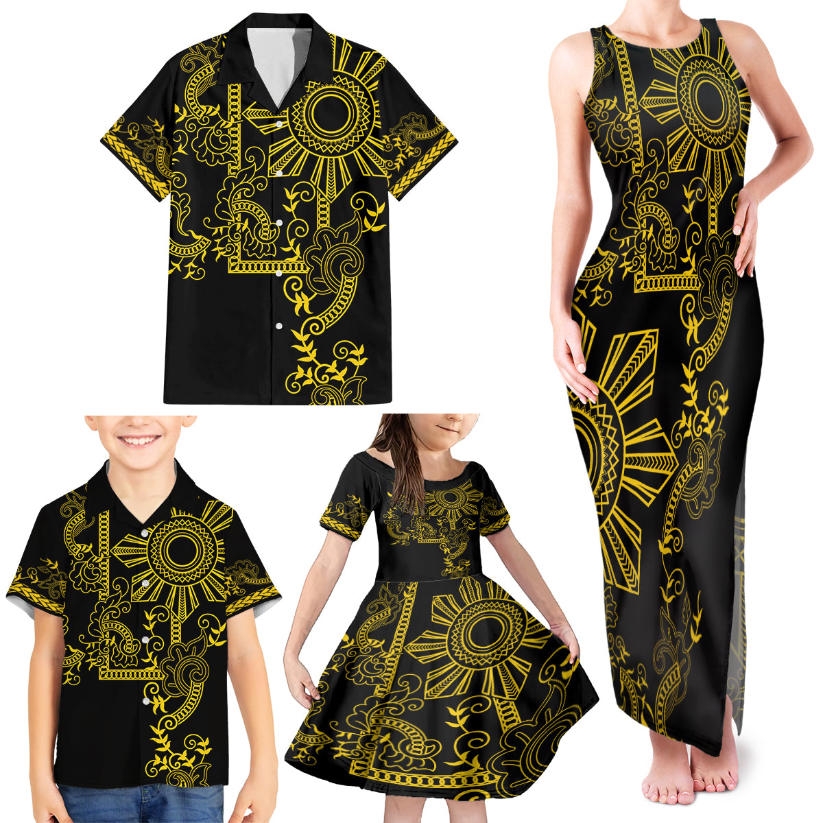 Filipino Sun Tribal Tattoo Family Matching Tank Maxi Dress and Hawaiian Shirt Philippines Inspired Barong Simple Gold LT9 - Polynesian Pride