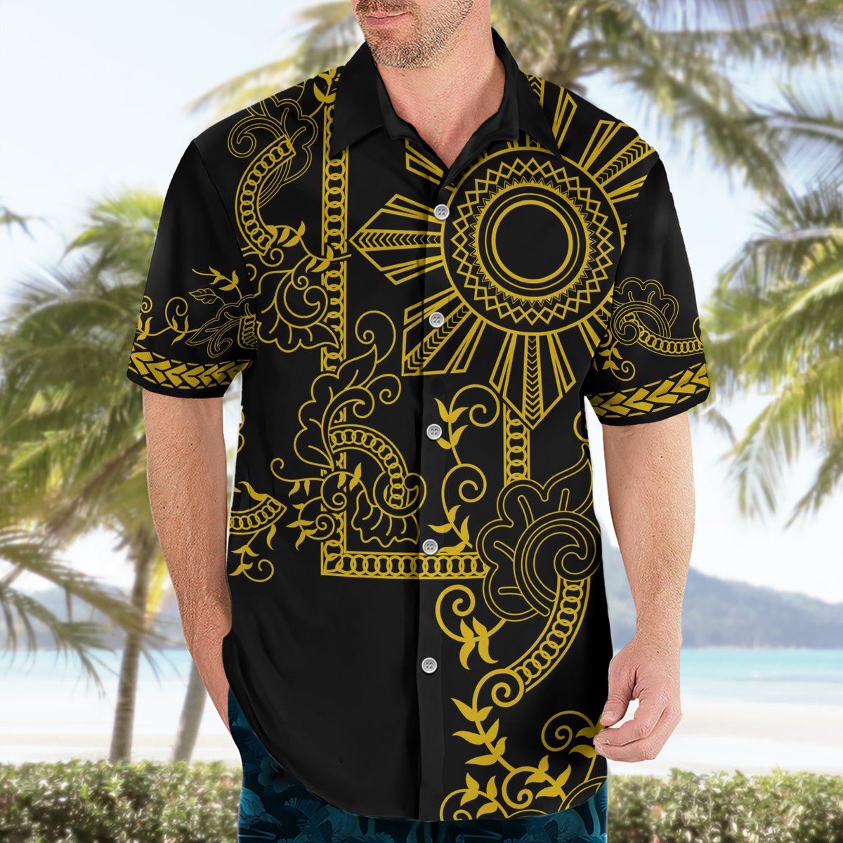 Filipino Sun Tribal Tattoo Hawaiian Shirt Philippines Inspired Barong Simple Gold LT9 - Polynesian Pride