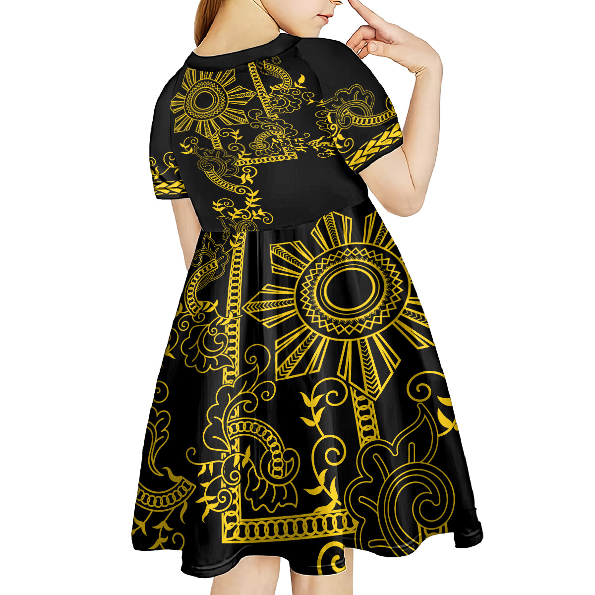 Filipino Sun Tribal Tattoo Kid Short Sleeve Dress Philippines Inspired Barong Simple Gold LT9 - Polynesian Pride