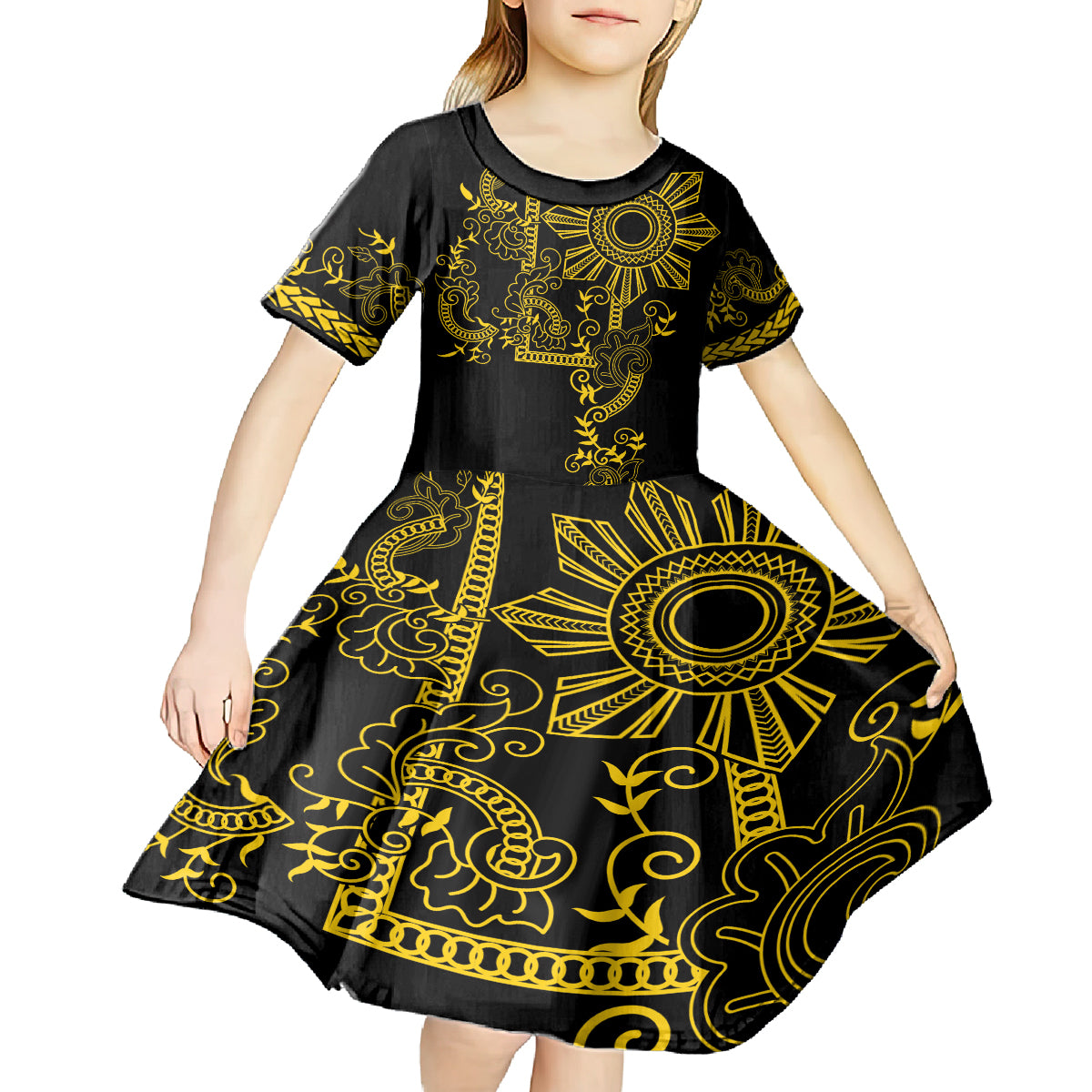 Filipino Sun Tribal Tattoo Kid Short Sleeve Dress Philippines Inspired Barong Simple Gold LT9 - Polynesian Pride