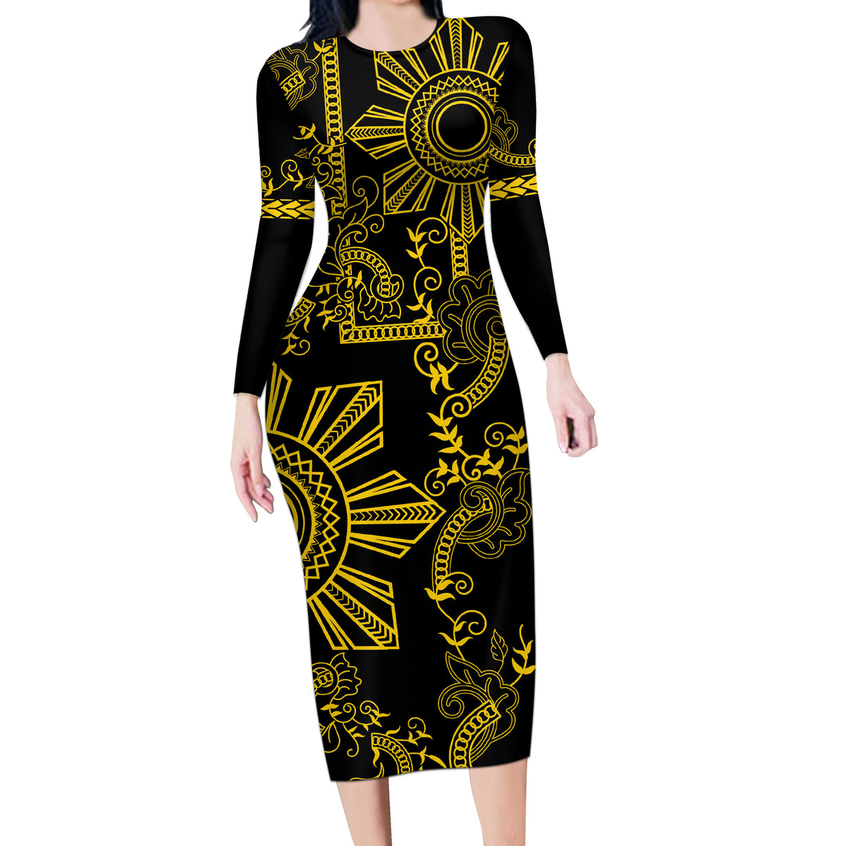Filipino Sun Tribal Tattoo Long Sleeve Bodycon Dress Philippines Inspired Barong Simple Gold LT9 Long Dress Gold - Polynesian Pride