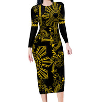 Filipino Sun Tribal Tattoo Long Sleeve Bodycon Dress Philippines Inspired Barong Simple Gold LT9 Long Dress Gold - Polynesian Pride