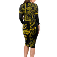 Filipino Sun Tribal Tattoo Long Sleeve Bodycon Dress Philippines Inspired Barong Simple Gold LT9 - Polynesian Pride