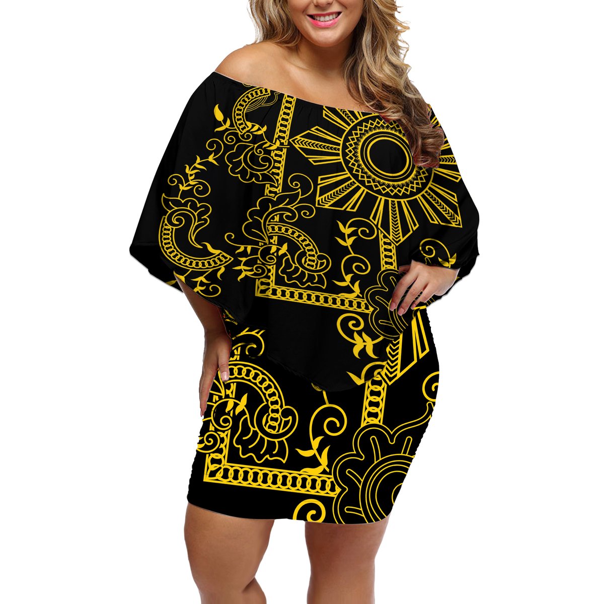 Filipino Sun Tribal Tattoo Off Shoulder Short Dress Philippines Inspired Barong Simple Gold LT9 Women Gold - Polynesian Pride