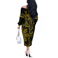 Filipino Sun Tribal Tattoo Off The Shoulder Long Sleeve Dress Philippines Inspired Barong Simple Gold LT9 - Polynesian Pride