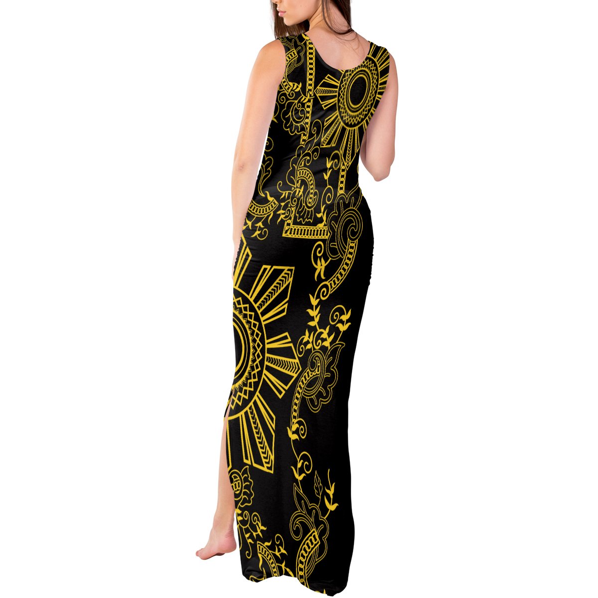 Filipino Sun Tribal Tattoo Tank Maxi Dress Philippines Inspired Barong Simple Gold LT9 - Polynesian Pride