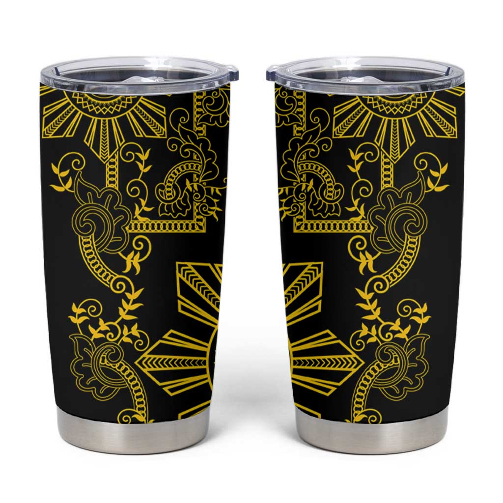 Filipino Sun Tribal Tattoo Tumbler Cup Philippines Inspired Barong Simple Gold LT9 Black - Polynesian Pride