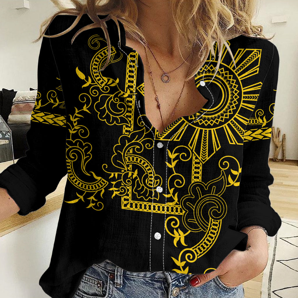 Filipino Sun Tribal Tattoo Women Casual Shirt Philippines Inspired Barong Simple Gold LT9 Female Gold - Polynesian Pride