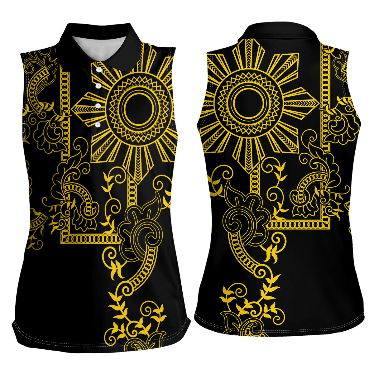 Filipino Sun Tribal Tattoo Women Sleeveless Polo Shirt Philippines Inspired Barong Simple Gold LT9 - Polynesian Pride