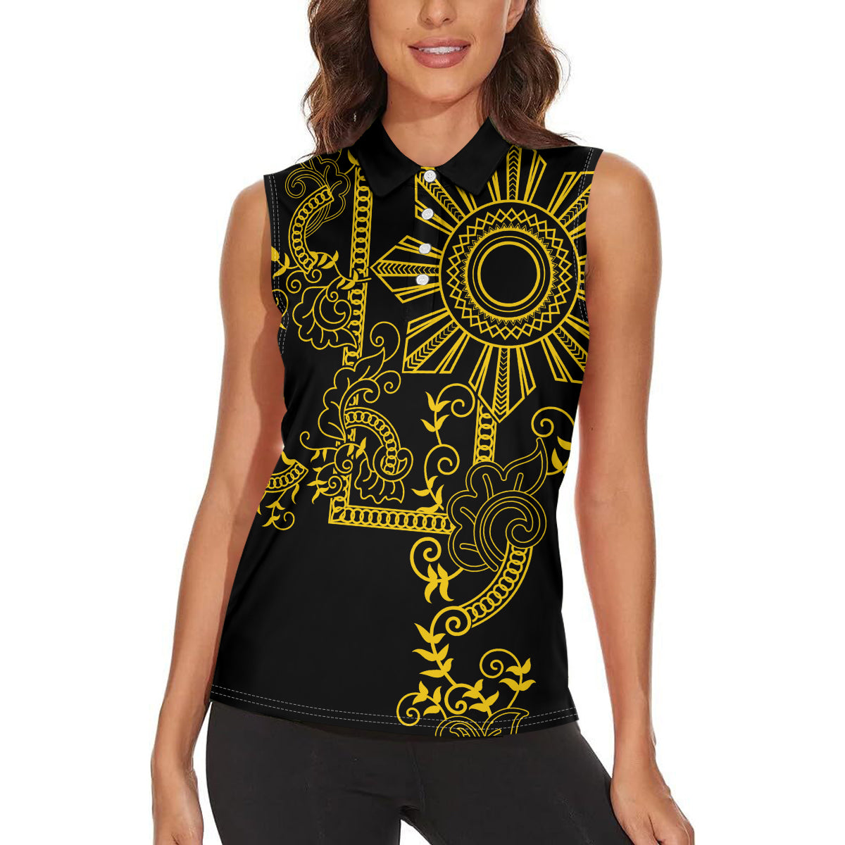 Filipino Sun Tribal Tattoo Women Sleeveless Polo Shirt Philippines Inspired Barong Simple Gold LT9 - Polynesian Pride