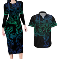 Filipino Sun Tribal Tattoo Couples Matching Long Sleeve Bodycon Dress and Hawaiian Shirt Philippines Inspired Barong Blue Art LT9 Blue - Polynesian Pride