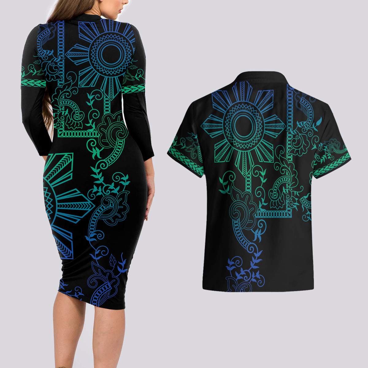 Filipino Sun Tribal Tattoo Couples Matching Long Sleeve Bodycon Dress and Hawaiian Shirt Philippines Inspired Barong Blue Art LT9 - Polynesian Pride