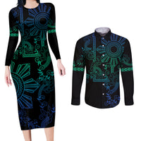 Filipino Sun Tribal Tattoo Couples Matching Long Sleeve Bodycon Dress and Long Sleeve Button Shirt Philippines Inspired Barong Blue Art LT9 Blue - Polynesian Pride