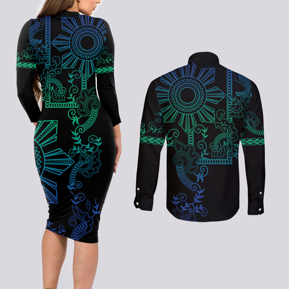 Filipino Sun Tribal Tattoo Couples Matching Long Sleeve Bodycon Dress and Long Sleeve Button Shirt Philippines Inspired Barong Blue Art LT9 - Polynesian Pride